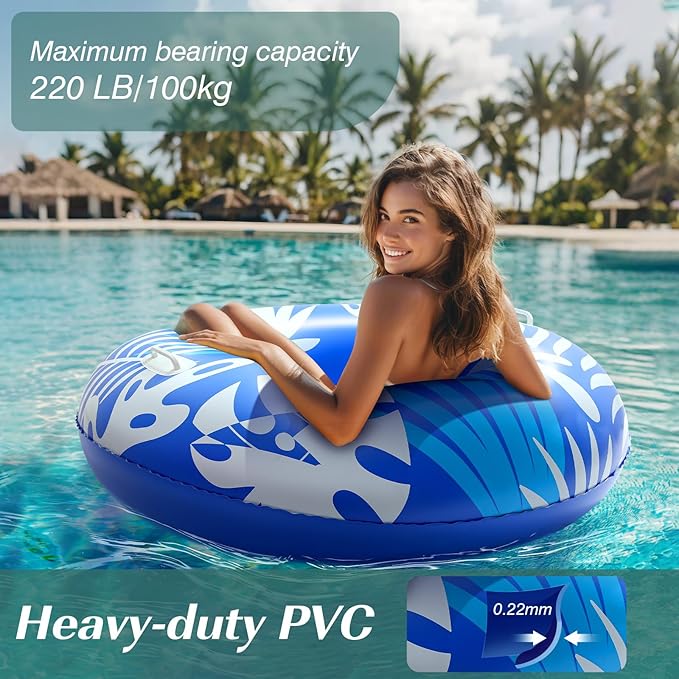 HeySplash Pool Tubes for Adult, 42 Inch Large Pool Floats with Handles, Inflatable Swim Rings Lounge, Hawaii Fun Swim Floaties Swimming Pool Beach Lake River Party Decoration Toys, Blue+White Leaves