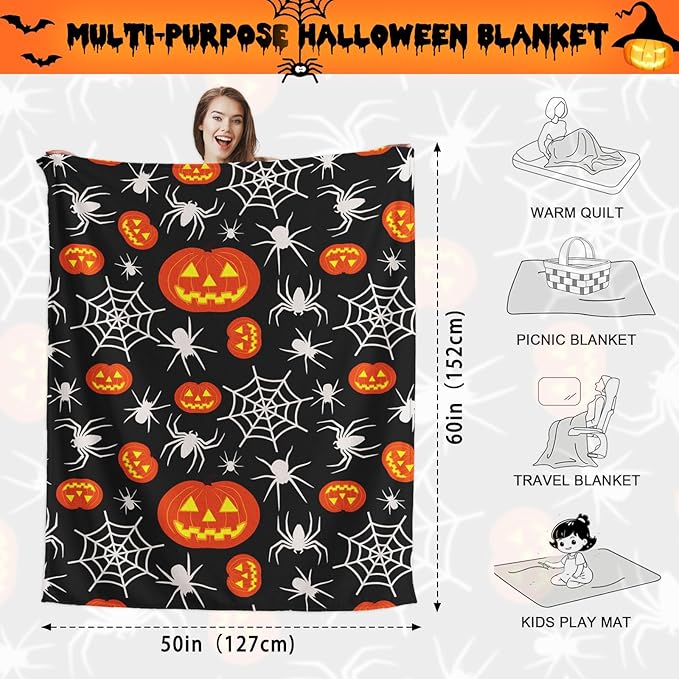 Wajade Spider Web Throw Blanket Halloween Black Blanket, Halloween Spider Web Pumpkin Velvet Fleece for Sofa Bed Couch Chair Dorm 50" x 60"