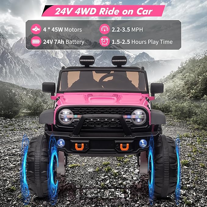 2 Seats 24V Kids Ride on Truck with Remote Control, Battery Powered Electric Ride Car Toy for 3-8 Years, 4 Motors,20" Seat Width for 2 Seaters, LED Light,Music,High/Low Speeds,Shovel, USB (Pink)