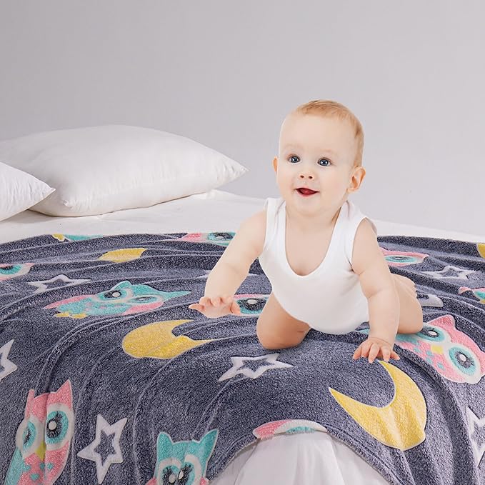 QSTEHEML Owl Glow in The Dark Blanket,Owl Gifts Toys for Kids Boys Age 3-12 Years Old,Birthday, for Child, Toddler, Teen, and Grandkids Soft Throw 50"×60"