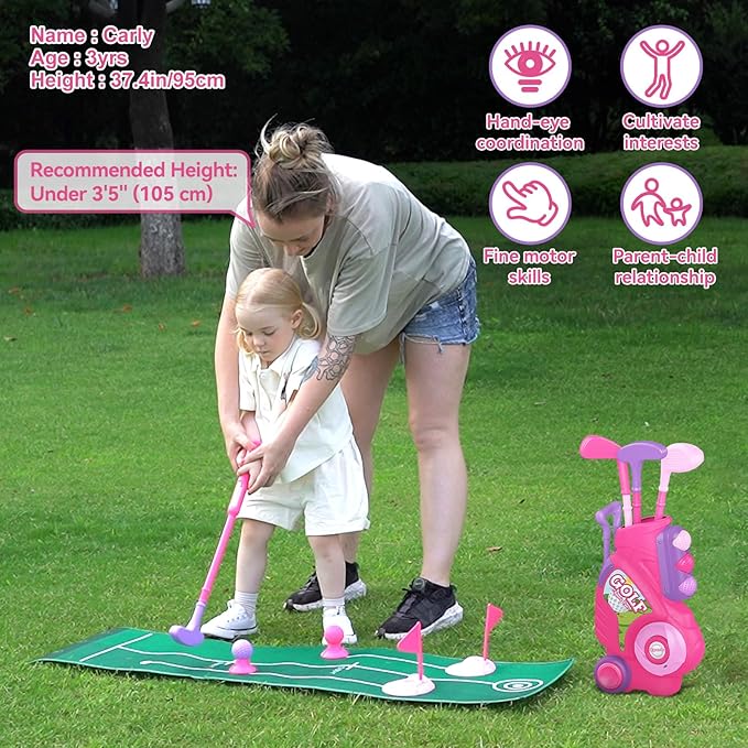 Liberry Toddler Golf Set for 2 3 4 Years Old Girls Boys, Upgraded Kids Golf Cart with Golf Cornhole Board & Putting Mat, Indoor and Outdoor Golf Christmas Toys Birthday Gift, Pink