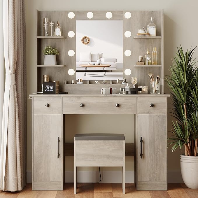 Makeup Vanity Desk with Mirror and Lights, 43" Grey Vanity Set with Chair, 3 Drawers, Power Outlet & Adjustable RGB LED Lights, Dressing Table with Storage Shelf for Women & Girls Bedroom