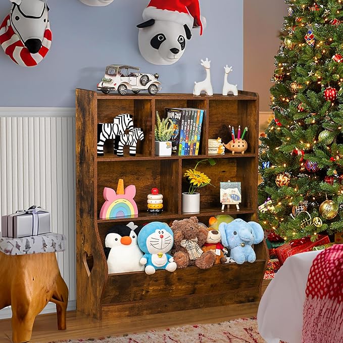 Lerliuo Kids Toy Storage Organizer, 3 Tier Children Small Bookcase and Bookshelf, Toddler 7 Cubby Toy Storage Cabinet, Toy Shelf for Playroom, Bedroom, Living Room, Nursery, School 29.53'' H (Brown)