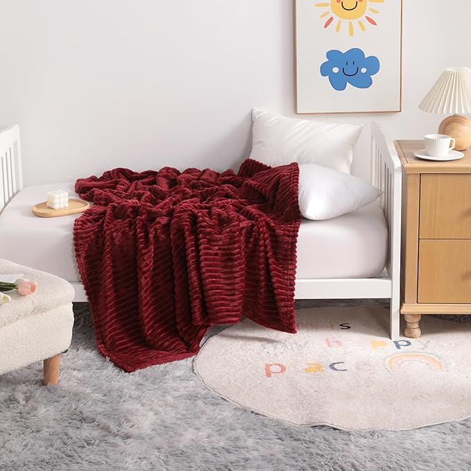 NTBAY Plush Flannel Oversized Baby Blanket, 50X60 Inches Soft and Warm Toddler Blanket with Striped Texture Nursery Bed Blanket for Stroller, Crib, Travel, Baby Gift, 50"x60", Wine Red