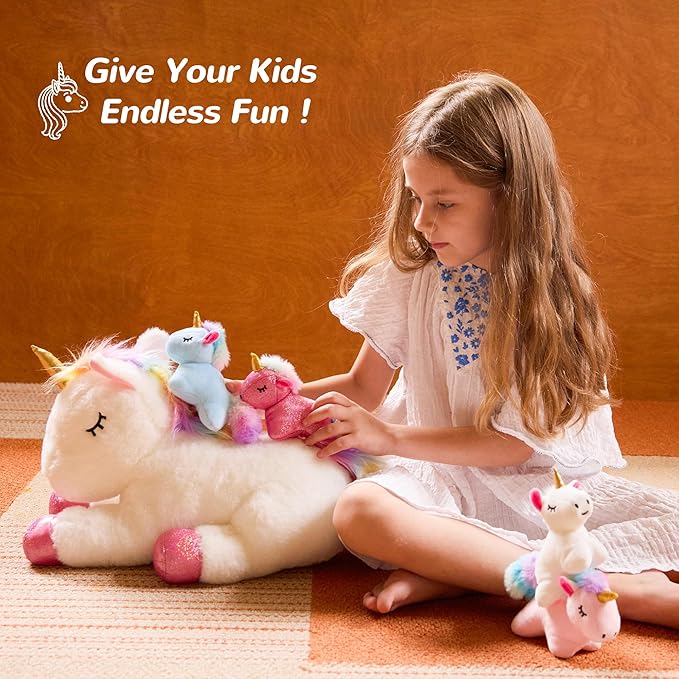 5 Pieces Unicorn Toys Stuffed Animals for Girls, 1 Mommy Unicorn with 4 Babies, Soft Plush Toys Gifts for Girls 3 4 5 6 7 8 9 Years, Kids, Children, Christmas, Birthday, Valentine's