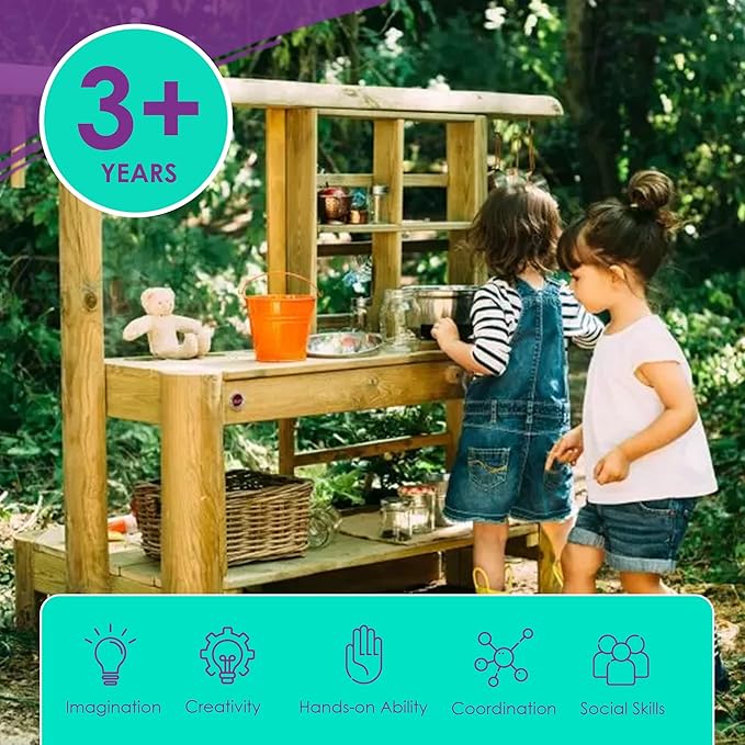 Plum® Discovery Mud Pie Kitchen for Kids Outdoor Toys - Play Toy Kitchen with Accessories, Wooden Kids Playset, with Built-in Gardening Planter and Painting Easel for Kid Age 3+