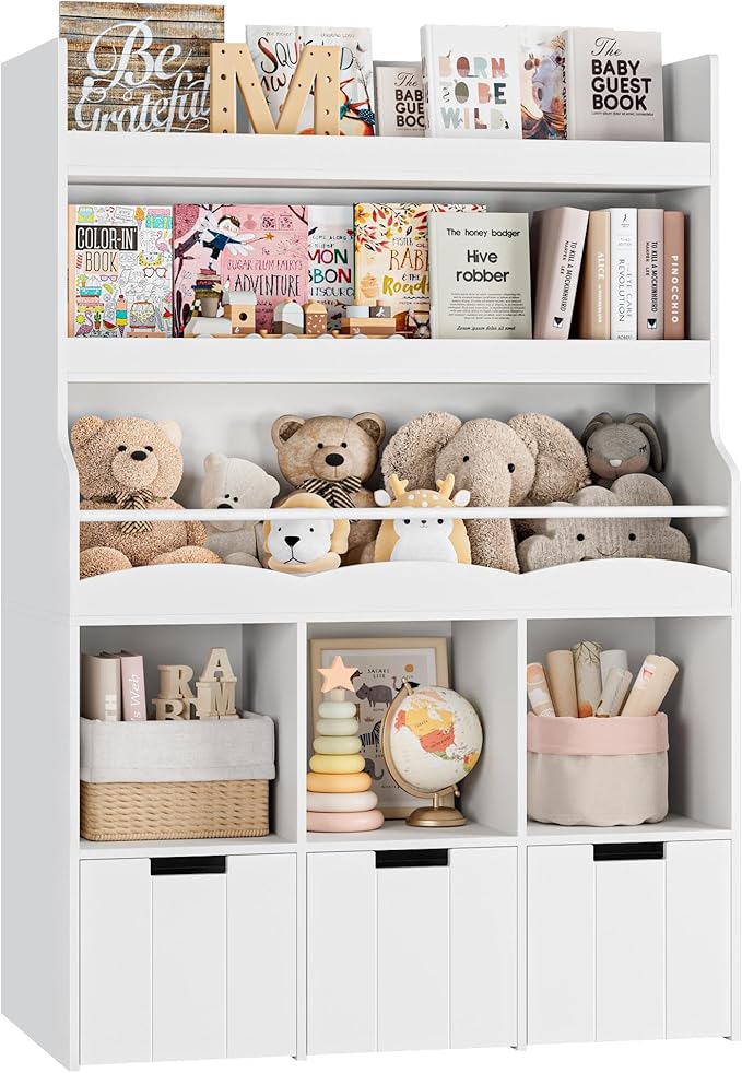 HITHOS 55.3" H Kids Bookshelf with Toy Storage Organizer, Tall Book Shelf with 3 Movable Toy Storage Bins, Large Kids Bookcase with Toy Chest, 39.2" W Modern Toy Box for Kid Room, Playroom, White