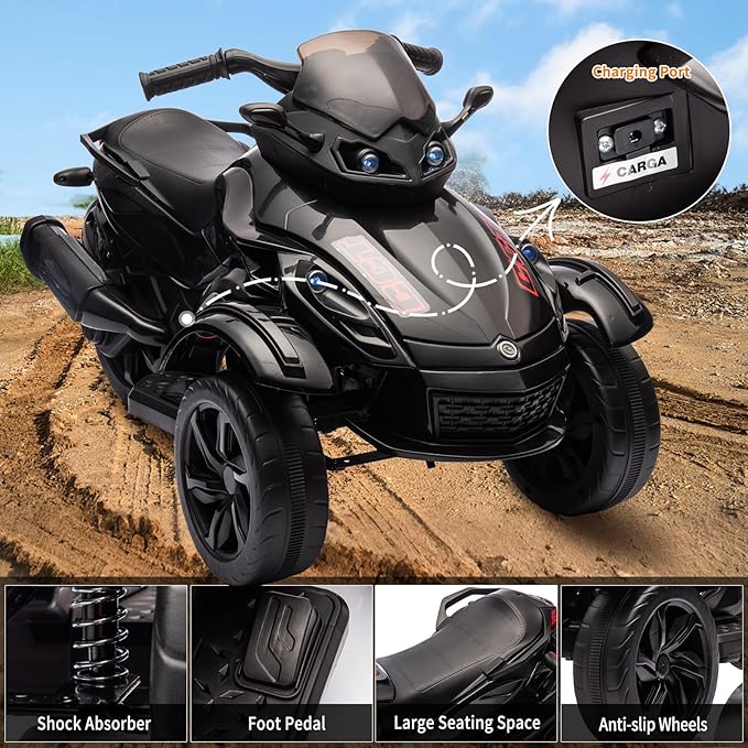 Xinyonxin 12V Kids Electric ATV, 3-Wheeler Motorcycle Ride on Toys for Toddlers w/Music, LED Lights, USB, One-Button Start, Forward/Reverse, Electric All-Terrain Car, Gift for Age 3+ (Black)