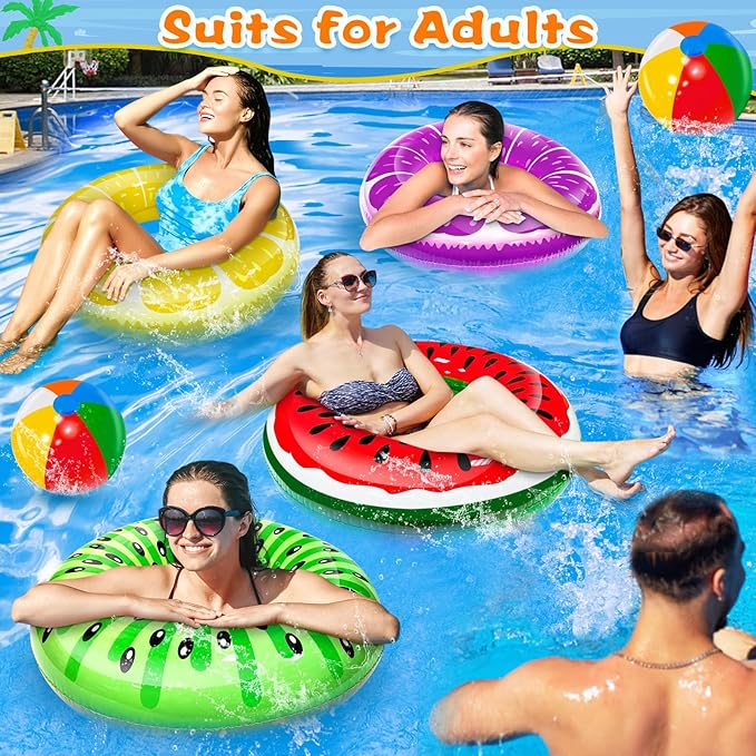 8 Pack Inflatable Pool Floats Kids, 4 Pcs Fruit Swim Tubes Rings and 4 Pcs Beach Balls, Pool Floaties Summer Hawaiian Beach Toys Swimming Luau Party Floats for Kids Adults Water Fun