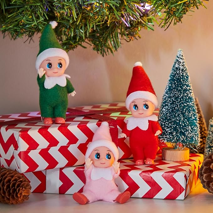 JOYIN Christmas 3PCS Tiny Elf Doll Christmas with 1 red,1 Green and 1 Pink elf Doll,Holiday Decoration Accessories Tiny Gift for Girls Boys Kids Adults