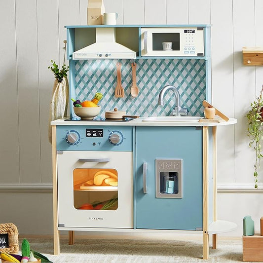 Tiny Land Play Kitchen for Kids, Wooden Kids Play Kitchen Playset Chef Pretend Play Set for Toddlers with Real Lights & Sounds, Toys Kitchen with 18 Pcs Toy Food & Cookware Accessories