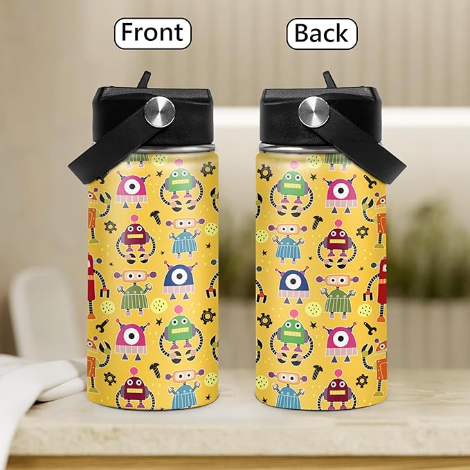Kids Water Bottle with Straw Robot Insulated Water Bottles 12oz Stainless Steel Travel School Tumbler Double Wall Vacuum Cup for Boys Kid