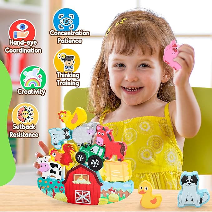 Montessori Toys for Kids 3-7 Wooden Farm Animal Blocks Stacking Games Educational Toy for 3 4 5 6 Year Old Girls Boys Christmas Birthday Gifts for Grandkids Toddler Balance Game Girls Age 3-5