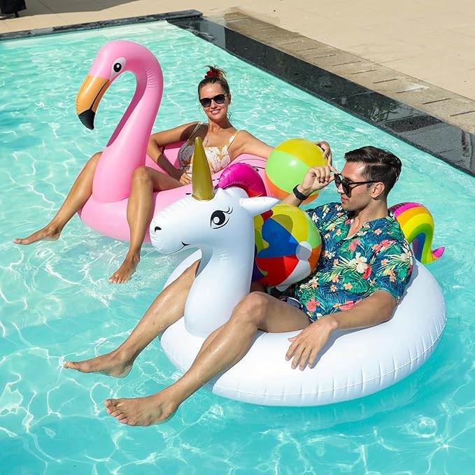 PARENTSWELL 43'' Inflatable Unicorn Flamingo Pool Floats, 2 Pack Pool Tube Floaties Swim Rings with 2 Beach Balls, Inflatable Pool Raft Tubes for Adults
