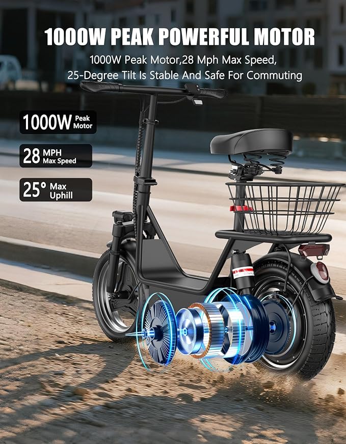 Electric Scooter Adults, 1000W Peak Motor, 35 Miles of Range Scooter with Seat, 28MPH Top Speed, Foldable Escooter with Rear Basket for Pets and Cargo, Dual Suspension for Commuting