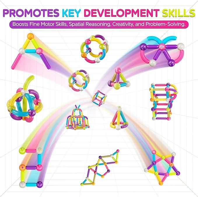 Contixo ST2 Kids Magnetic Stix Stick 68 PCs 3D Building Blocks STEM Construction Playboards Creativity, Imagination, Recreational, Educational for Children Toddler, 3+ Year Old Boys and Girls