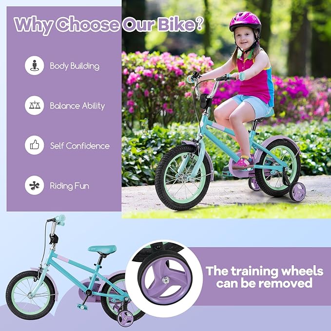 BABY JOY Colorful Macarons Kids Bike, 12 14 16 18 Inch Sporty Children's Bicycle with Training Wheels, Adjustable Handlebar & Saddle, Handbrake & Coaster Brake, Boys Girls Bike for 3-8 Years Old