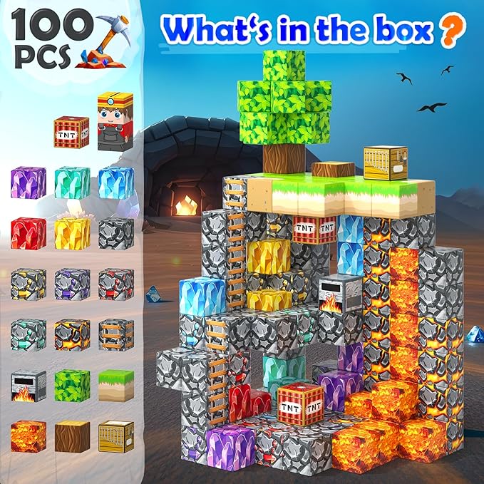 Magnetic Blocks 100PCS 1 inch Magnetic Building Cubes Kids Magnet Toys Crystal Mine Cave Inspired Playset Magworld Add-on Building Craft Sensory Toys Game Gifts for Ages 3-5 4-6 5-7 8-12