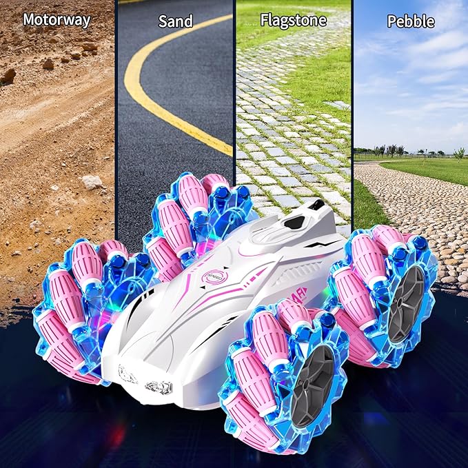 RC Gesture Sensing Stunt Car,2.4GHz 4WD Remote Control Car with Cool Light,Double Sided Rotating Off Road Vehicle 360 Degree Flips Cars for 6-12 Year Old Boys Girls Birthday Presents [Pink]