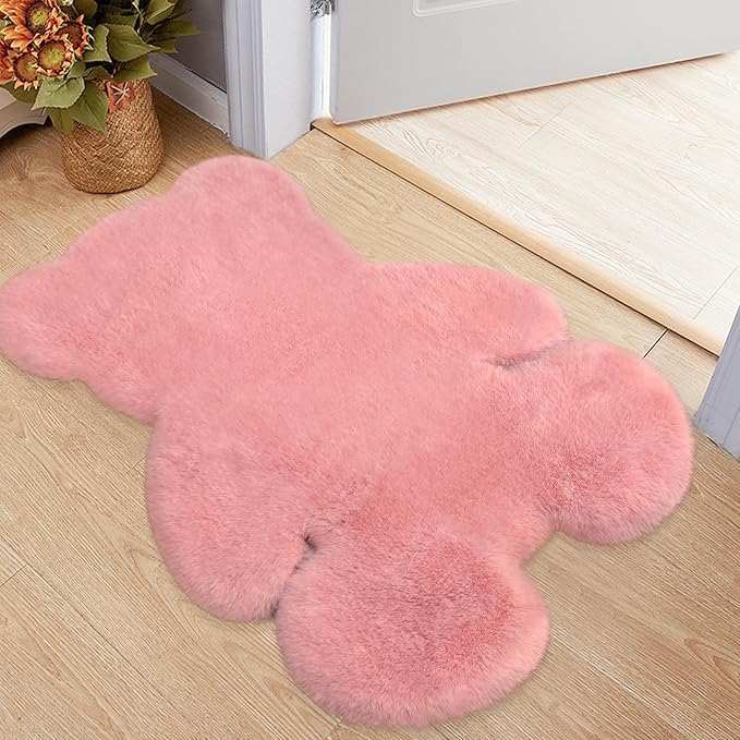 2.5x3.4 ft Pink Small Bear Soft Fluffy Rug, Shag Faux Sheepskin Fur Rug Fuzzy Shaggy Area Rug Cute Plush Carpet for Nursery Kids Girls Bedroom Room Aesthetic Living Room Floor Home Decor, Pink