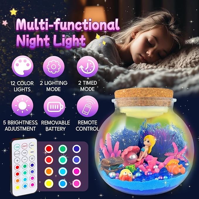 Mermaid Terrarium Craft Kit for Kids - LED Night Light Up & Remote Mermaid Birthday Gifts Toys for Girls Age 5 6 7 8 9 10 11 12 Year Old
