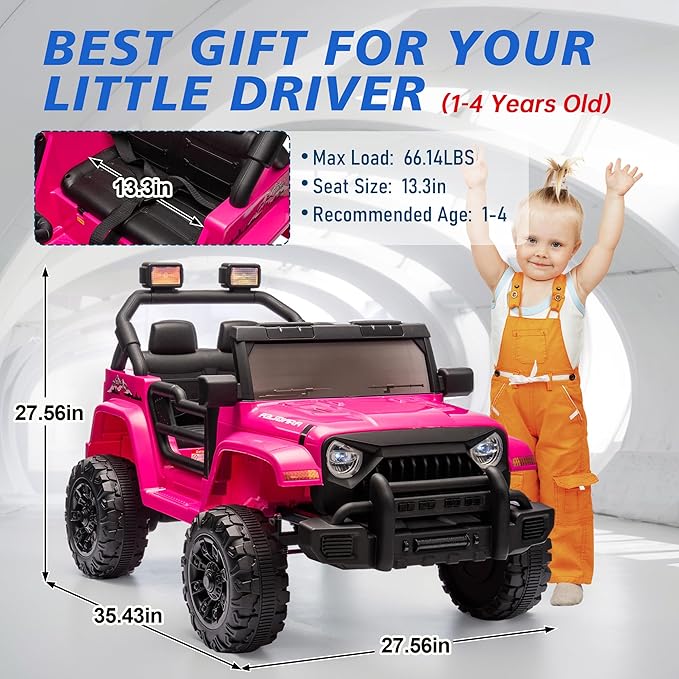 Ride on Truck Car, 12V Kids' Electric Vehicles W/Parents Control, Ride on Toys for Toddlers with Music, Bluetooth, Four-Wheels Suspension, USB, Headlights, Pink