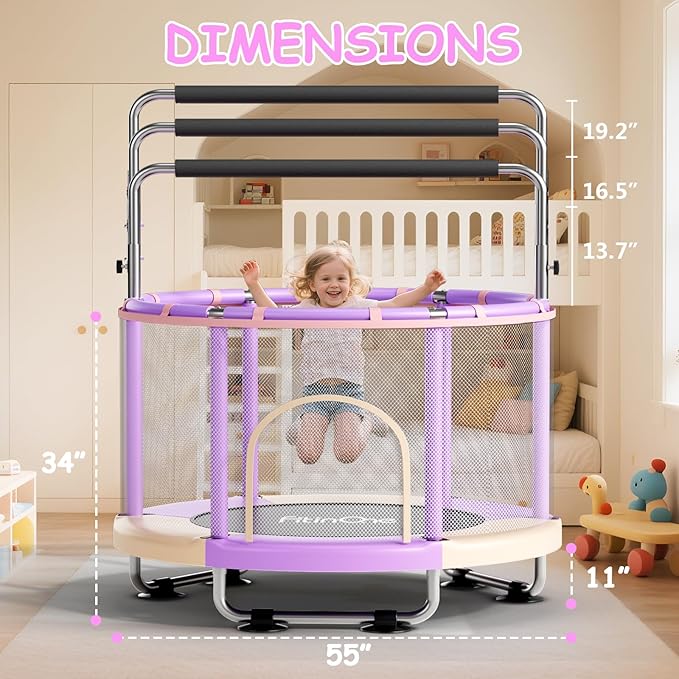 55" Toddler Mini Trampoline for Kids, Indoor Outdoor Toys with Swing, 440lbs Baby Kids Trampoline, Gymnastics Bar, Birthday Gifts for Boy Girl Age 1-8