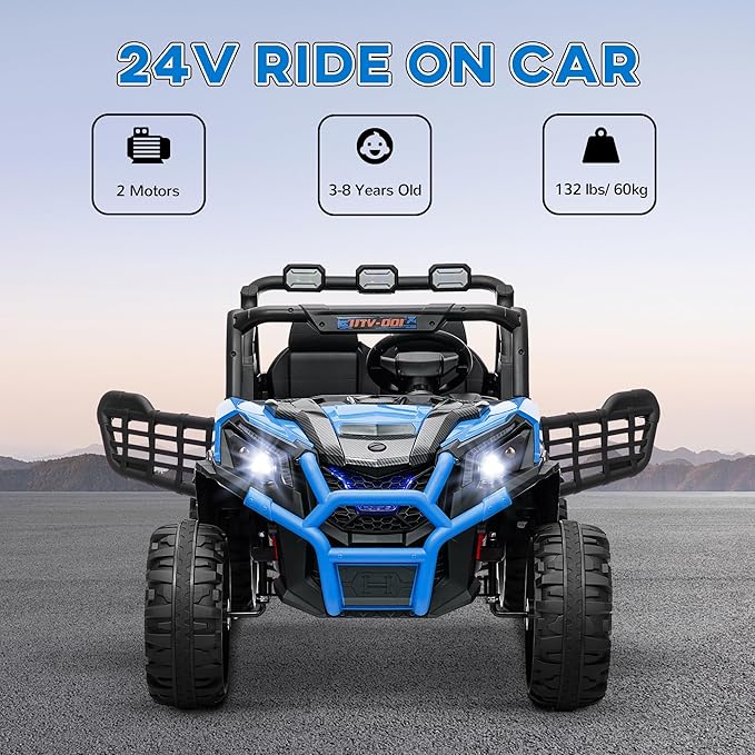 Qaba 24V 2 Seater Ride on Car, Electric Off-Road UTV Truck w/Parent Remote Control, Music, Lights, Ride on Toy for Kids Ages 3-8, Blue