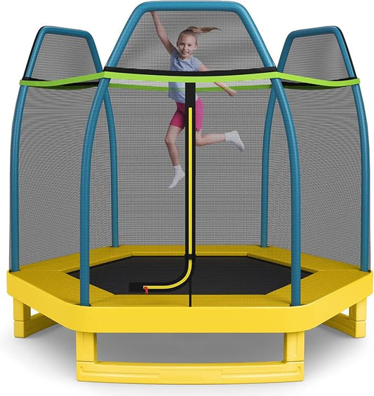 GYMAX Trampoline for Kids, 7FT Toddler Trampoline with Safety Enclosure Net & Seamless Spring Pad, Heavy Duty Small Indoor/Outdoor Trampoline for Boys, Girls Age 3+