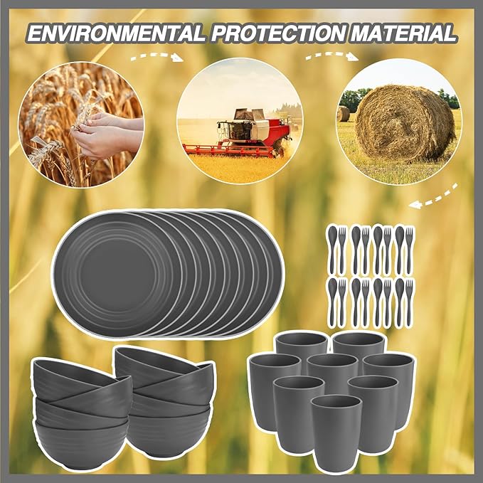 Shopwithgreen Wheat Straw Dinnerware Sets for 8, 40 PCS Unbreakable Plates and Bowls Sets, Reusable Dinner Dishes Set, Bowls, Cups,Plates for Camping, Kitchen, RV, Dorm,Dishwasher Microwave Safe