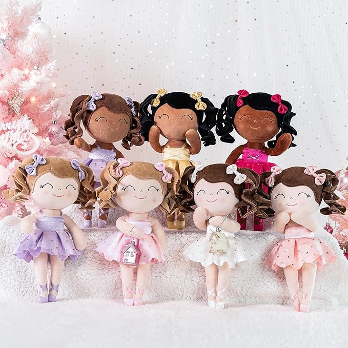 Gloveleya Baby Dolls Soft Snuggly Curly Hair Ballerina Doll First Baby Girl Gifts Plush Tanned Ballet Doll with Lace Mesh Dress Golden Ballerina Series