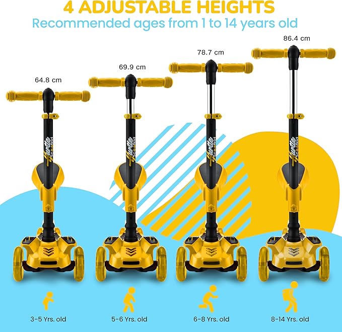 Hurtle 3-Wheeled Scooter for Kids - Wheel LED Lights, Adjustable Lean-to-Steer Handlebar, and Foldable Seat - Sit or Stand Ride with Brake for Boys and Girls Ages 1-14 Years Old