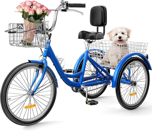 YITAHOME 24 & 26 Inch Adult Tricycle, 1 & 7 Speed 3 Wheel Bikes, Large Seat with Backrest Trike for Adults with Front & Rear Baskets, Cruiser Bike for Seniors Women Men Commute Picnic Outdoor