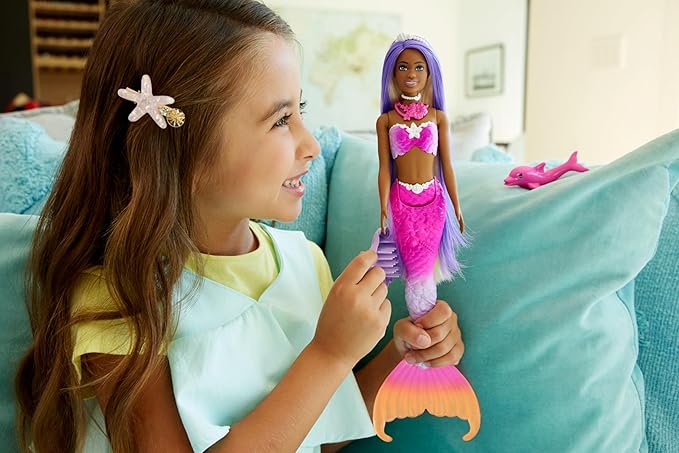 Barbie Mermaid Doll, “Brooklyn” with Pink Hair, Styling Accessories, Pet Dolphin and Water-Activated Color Change Feature, HRP98
