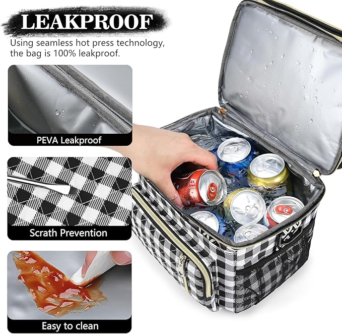 LOKASS Lunch Box for Women-16L-Insulated Lunch Bag Women, Expandable Double-layer Leakproof Cooler Bag with Upgrade Adjustable Shoulder Strap Ideal for Work/Travel/Picnics（Black&White Check）