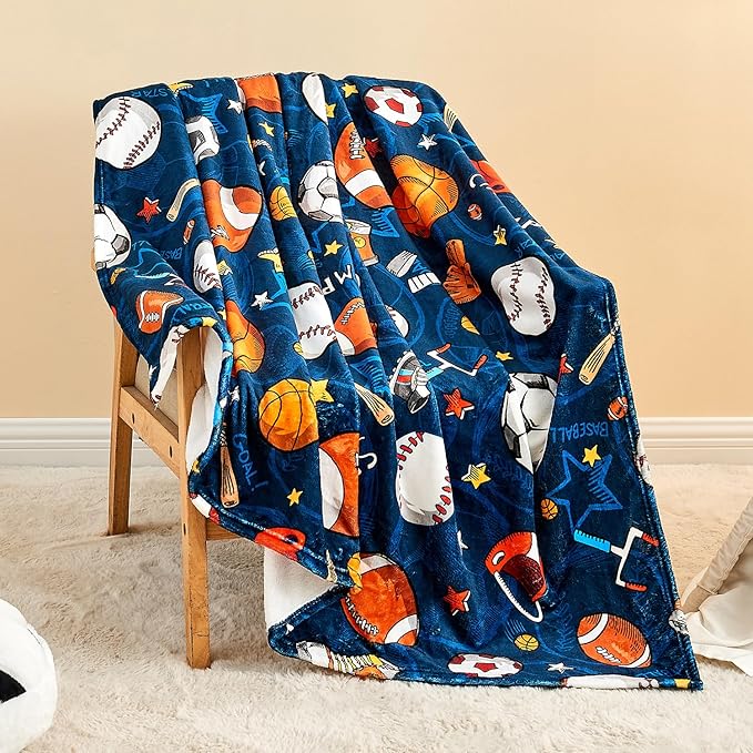 Wajade Sports Blanket for Boys,Soft Fleece 3D Soccer Basketball Baseball Football Kids Blanket for Couch Sofa Bedroom, Fuzzy Ball Throws for Kids Boys Teens,50"x60"