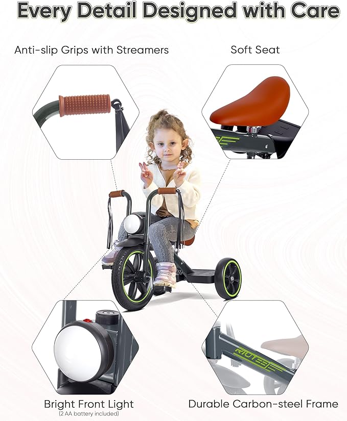 Toddler Tricycle for 2 to 5 Years, Tricycle for 3 Years with Front Light, Rubber Front Wheel, Soft Handlebar with Streamers, Adjustable Seat, Grey