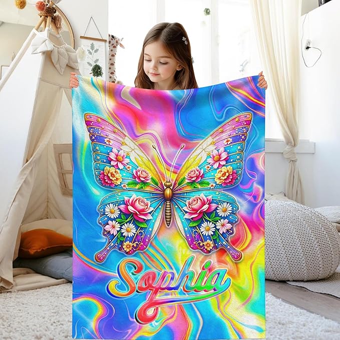 Custom Baby Girl Blanket with Name Personalized Soft Throw Blanket Gift for Newborn, Toddler, Teens to Adult for Birthday, Baby Shower, Christmas (Girl-02)