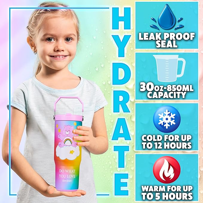 Get Trend Care Bears Tumbler with Straw 30oz Kids Teens Insulated Cup with Lid Handle Travel Mug Cups with Lids for School Sports Gifts for Kids (Multi Care Bears)