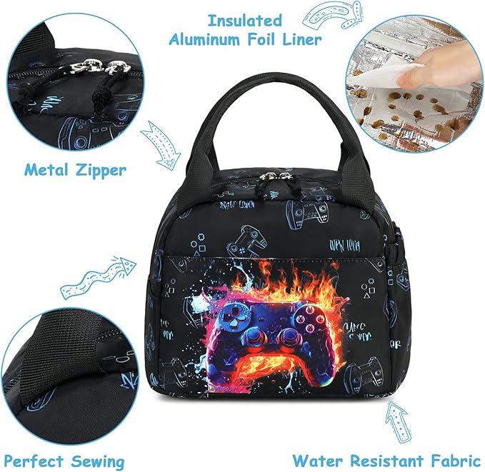 Lunch Box Kids Insulated Lunch Bag Large Reusable Leakproof Cooler Lunch Bags for Boys Girls School Travel Picnic (Gaming Controller)