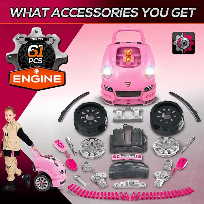 Qaba Truck Engine Toy, Kids Mechanic Set with Lights, Sounds, Steering Wheel and Horn, Pretend Car Service Station Play with 61-Piece Included, Toy Engine Building Kit for Kids Aged 3+, Pink