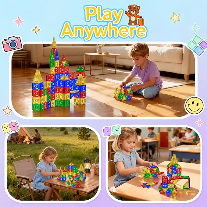 60pcs Mini Magnetic Tiles for Kids Ages 3-8,Travel Magnetic Building Blocks with Metal Storage Box, STEM Educational Toys, Montessori Sensory Learning Toys for Toddlers, Boys & Girls Christmas Gift
