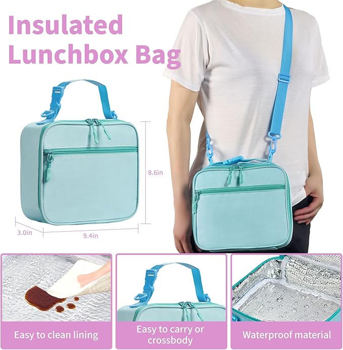 Bento Box for Kids with Thermo Food Container (9oz), 4-Compartment Lunch Box, Adjustable Divider, Leakproof Bento Lunch Box, Includes Utensils & Carry Bag for School, Office(Light Blue)