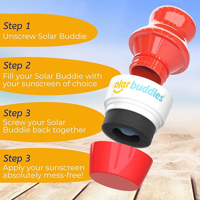 Solar Buddies Bag Bundle & Carabina Clip - Full Red - Refillable Roll on Sponge Sunscreen, Suncream & Lotion Applicator For Kids, Adults & Families - Holds 3.4fl oz, Perfect Size for Travel