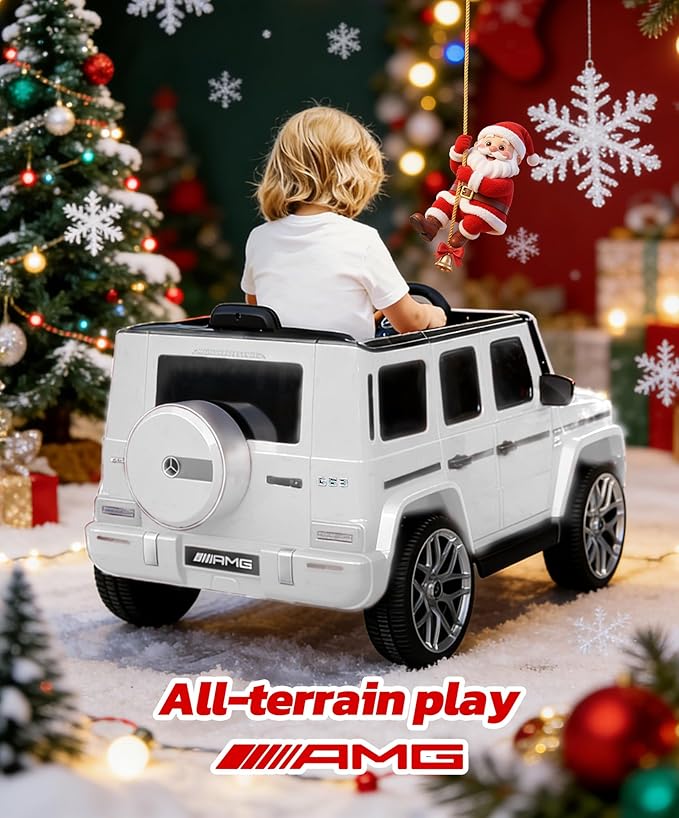 ELEMARA Licensed Mercedes-Benz AMG G63 Ride on Toys,Electric Car for Kids W/Parents Control,Electric Powered A Wagon Ride On Truck Toy,Spring Suspension,Bluetooth,Flickering Lights/LED Lights, White