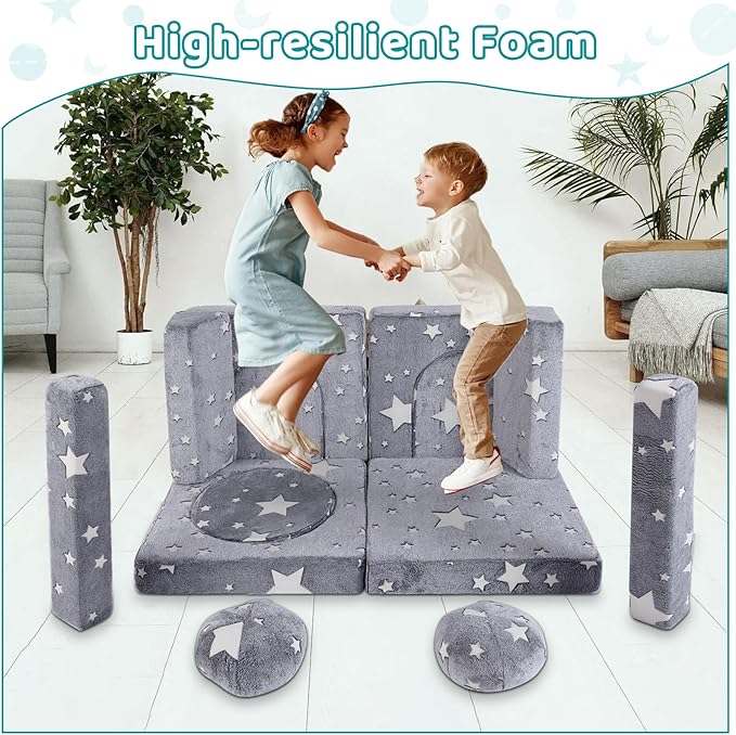 13 PCS Kids Play Couch, Modular Glowing Kids Toddler Couches, Kid Play Couch Sofa for Playroom and Bedroom (Grey)