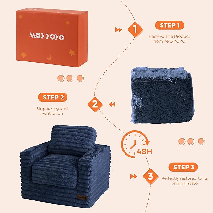 MAXYOYO Kids Bean Bag Chair, Comfy Faux Fur Bean Bag Sofa with Filler, Upholstered Floor Sofa with Pillows and Armrests, Lazy Floor Chair Couch for Boys and Girls, Navy