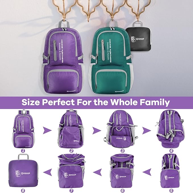 ZOMAKE Lightweight Packable Backpack, 35L Light Foldable Hiking Backpacks Water Resistant Collapsible Daypack for Travel(Purple)