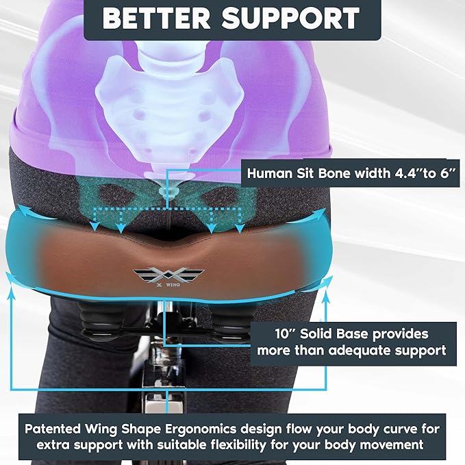 X WING New-Age Noseless Bike Seat Cushion for Men & Women - Extra Padding & Wide - Suitable for City, Electric, Stationary Bikes - Compatible with Peloton Bikes – Wide Winged Bike Seat with Cushion