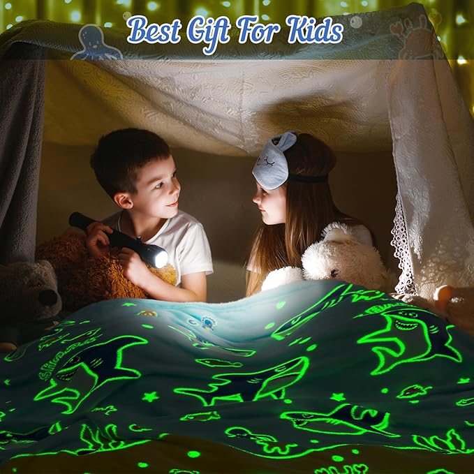 Shark Gifts for Boys Girls - Glow in The Dark Ocean Animal Blanket for Kids Age 1-14 Years Old Child Toddler Best Birthday Valentines Easter Christmas Party Favors Present Soft Cozy Throw 50"x60"